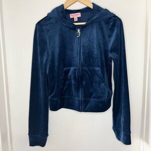 Juicy Couture Regal Blue Velour Long Sleeve hoodie Sweatshirt Womens Medium Y2K